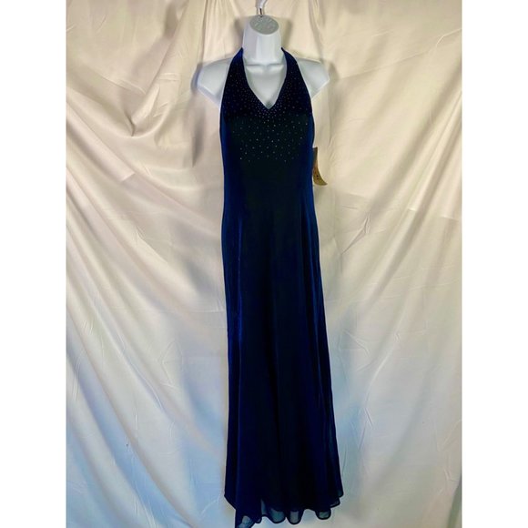 Blondie Nites Womens Midnight Blue Halter Neck Dress with Rhinestone Embellishme - Picture 2 of 10
